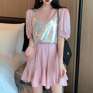 Elbow-sleeve Top / A-line Mini Skirt / Spaghetti Strap Sequined Top