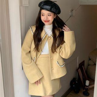 Long-sleeve Peter Pan-collar Woolen Jacket / Mini A-line Skirt