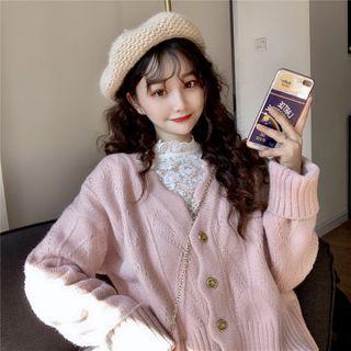 Long-sleeve Mock-neck Lace Top / Scalloped Trim Cardigan