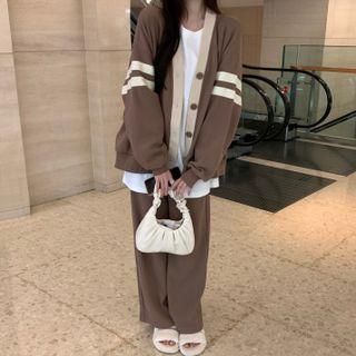Contrast Trim Cardigan / Straight Leg Sweatpants