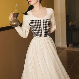 Long-sleeve Button-up Gingham Panel Mesh Midi A-line Dress