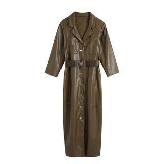 Notch Lapel Faux Leather Maxi Coat