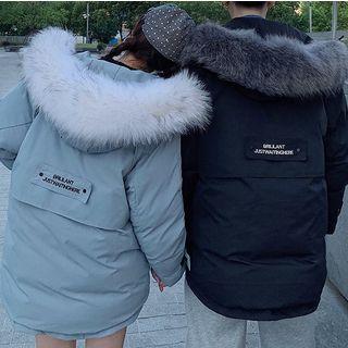 Lettering Back Furry Trim Padded Coat