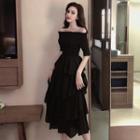 Off-shoulder Midi Layered Dress Black - One Size