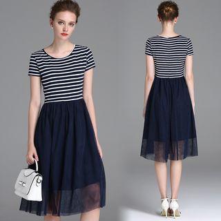 Stripe Panel Short-sleeve Tulle Dress
