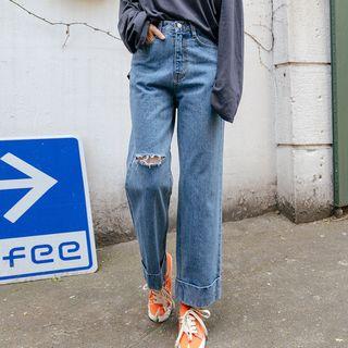 Roll-up Distressed Wide-leg Jeans
