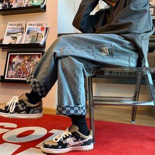 Roll-up Check Hem Straight-leg Cargo Jeans