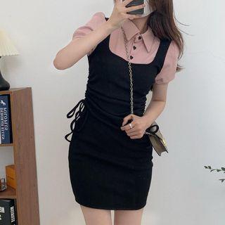 Mock Two-piece Short-sleeve Lace-up Mini Dress