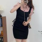 Mock Two-piece Short-sleeve Lace-up Mini Dress