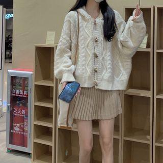 Long-sleeve Cable Hooded Knit Cardigan / Plain Pleated Mini Skirt