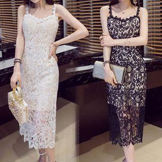 Spaghetti Strap Sheath Midi Lace Dress