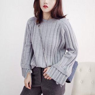 Slit-cuff Ribbed Sweater