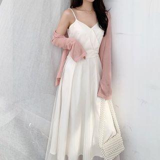 Sleeveless Plain Sheer Panel Dress / Long-sleeve Light Cardigan