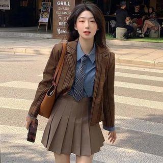Plaid Blazer / Shirt / Pleated Skirt / Set