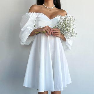 Puff Sleeve Off-shoulder V-neck Plain A-line Mini Dress