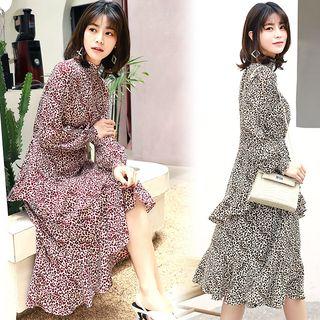 Leopard Print Ruffled Long-sleeve A-line Midi Dress