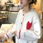 Heart Print Open-placket Button Sweater Cream White - One Size