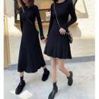 Plain Long-sleeve Knit A-line Dress / Midi Dress