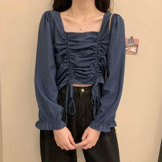 Square-neck Drawstring Shirred Cropped Blouse