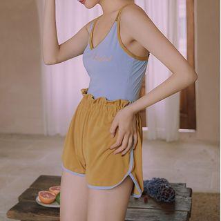 Set: Letter Embroidered Swimsuit + Piped Shorts