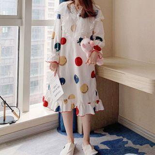 Mesh Trim Dotted Midi Flannel Sleep Dress