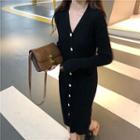Plain V-neck Long-sleeve Slim-fit Knit Dress Black - One Size