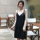 Long-sleeve T-shirt / Faux Leather V-neck Pinafore Dress