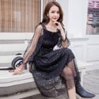 Sequined Mesh Panel Long-sleeve Midi A-line Dress
