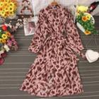 Long-sleeve Leopard Print Tie-waist Midi A-line Dress