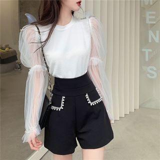 Puff-sleeve Mesh Panel Blouse White - One Size