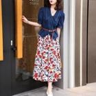 Set: Puff-sleeve Denim Blouse + Floral Midi A-line Skirt