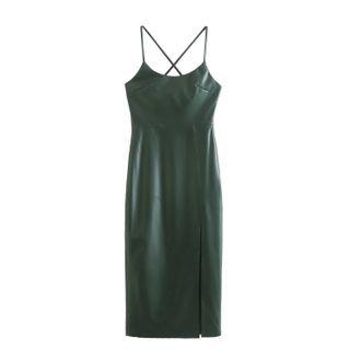 Spaghetti Strap Side-slit Faux Leather Sheath Dress