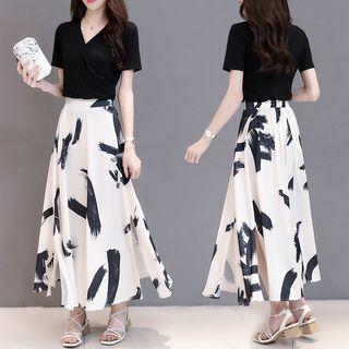 Set Of 2: V-neck T-shirt + Floral Print Maxi Skirt