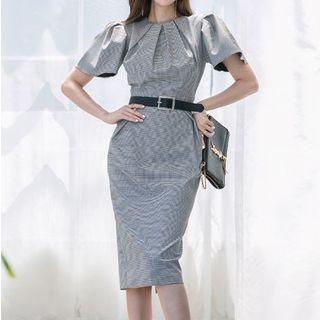 Short-sleeve Plaid Midi Sheath Dress