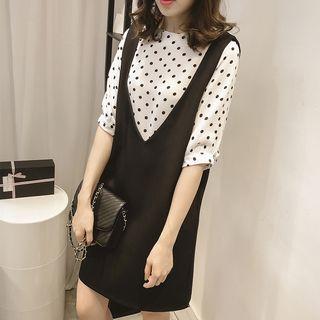 Set: Dotted Elbow-sleeve Top + Sleeveless Dress