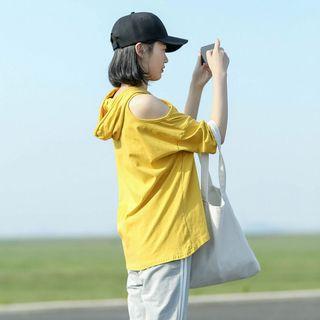 Hooded Shoulder-cutout Elbow-sleeve T-shirt