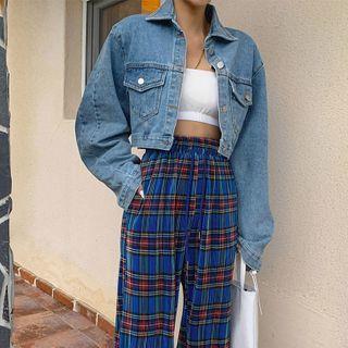 Padded-shoulder Cropped Denim Jacket