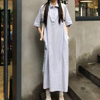 Elbow-sleeve Polo Collar Midi Dress Light Blue - One Size