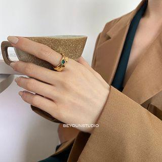 Rhinestone Alloy Ring E504 - Green & Gold - One Size