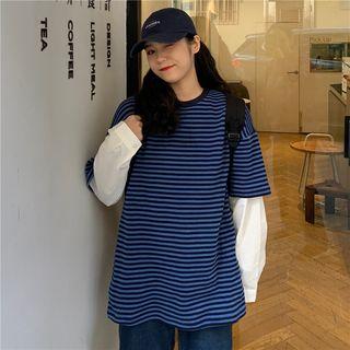 Mock Two-piece Striped Long-sleeve T-shirt Stripe - One Size