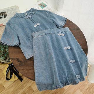 Set: Denim Qipao Blouse + High-waist Skirt