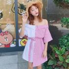 Striped Panel Short-sleeve Cold-shoulder Shirtdress