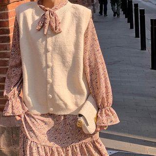 Set: Bow-neck Floral Midi A-line Dress + Plain Button-up Sweater Vest
