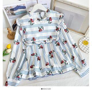 Ruffle-trim Striped Loose Blouse White - One Size