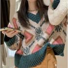V-neck Patterned Sweater Grayish Blue & Pink & Camel & White - One Size