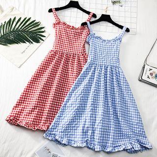 Sleeveless Ruffled-trim Checked A-line Dress