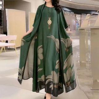 Set: Sleeveless Floral Print Midi A-line Dress + 3/4-sleeve Jacket