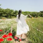 3/4-sleeve Perforated-trim Long Empire Dress