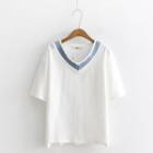 Elbow-sleeve Contrast Trim T-shirt White - One Size