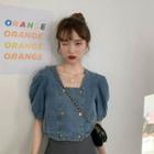 Square-neck Puff Sleeve Denim Crop Top